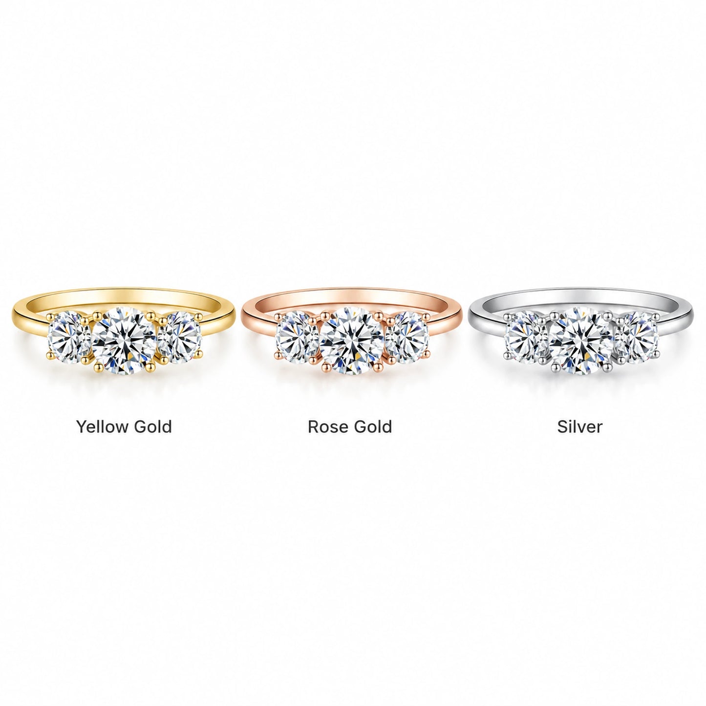 Round moissanite three-stone ring in yellow gold, rose gold and silver finishes