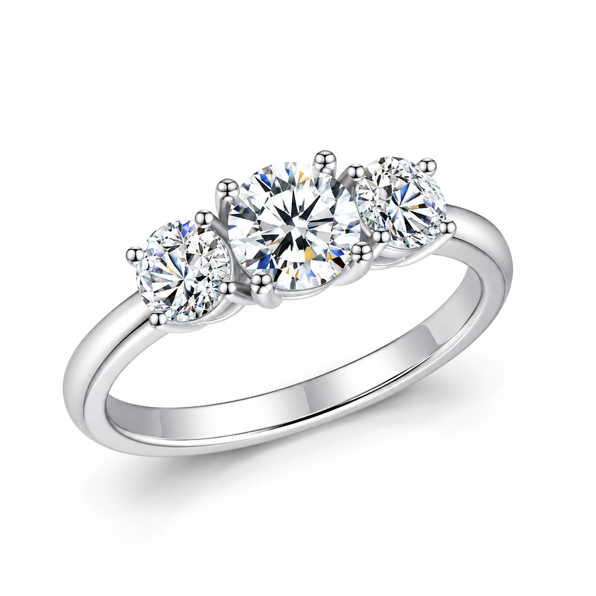 Round moissanite three-stone engagement ring angled view in silver