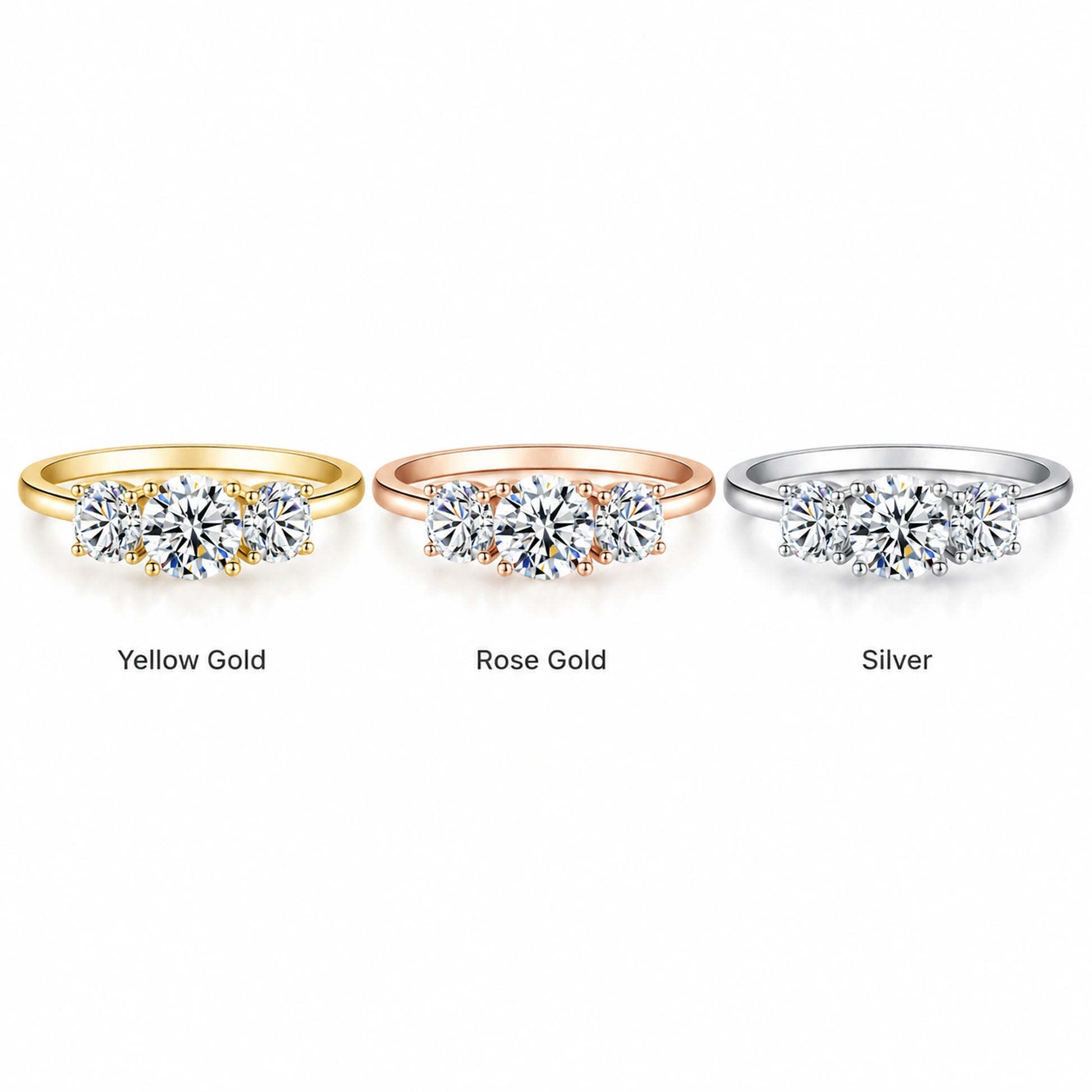 Round moissanite three-stone ring in yellow gold, rose gold and silver finishes