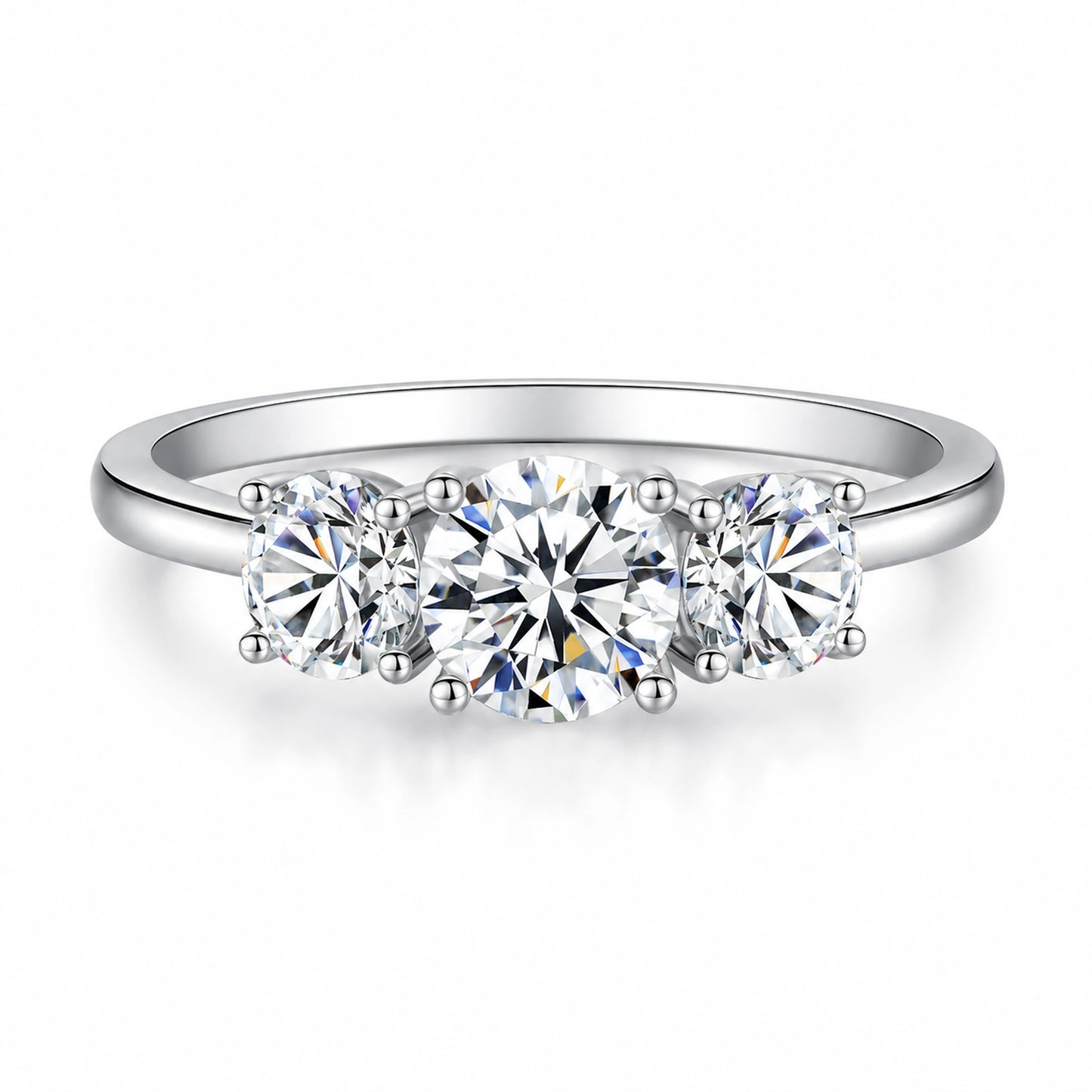 Round moissanite three-stone engagement ring front view in silver