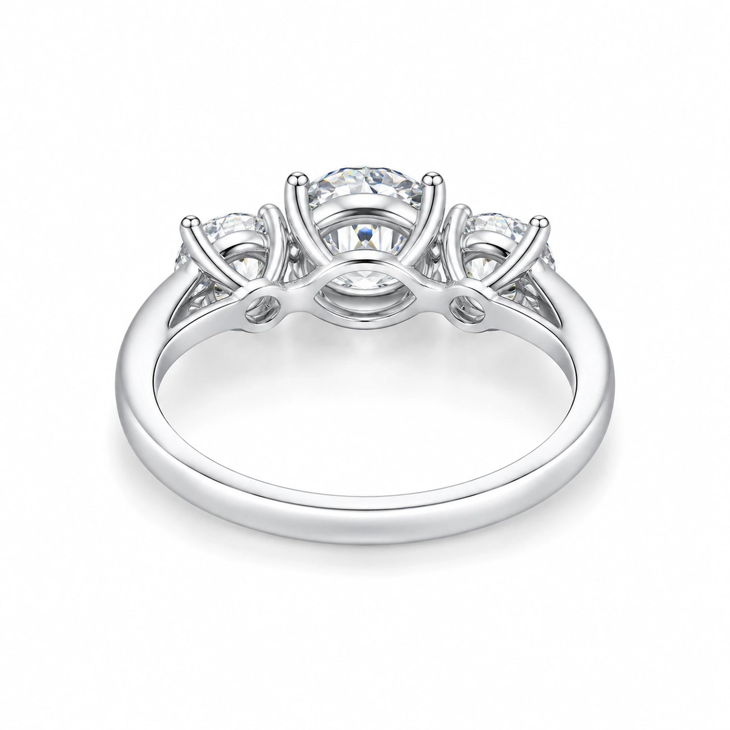 Round moissanite three-stone engagement ring gallery and setting detail