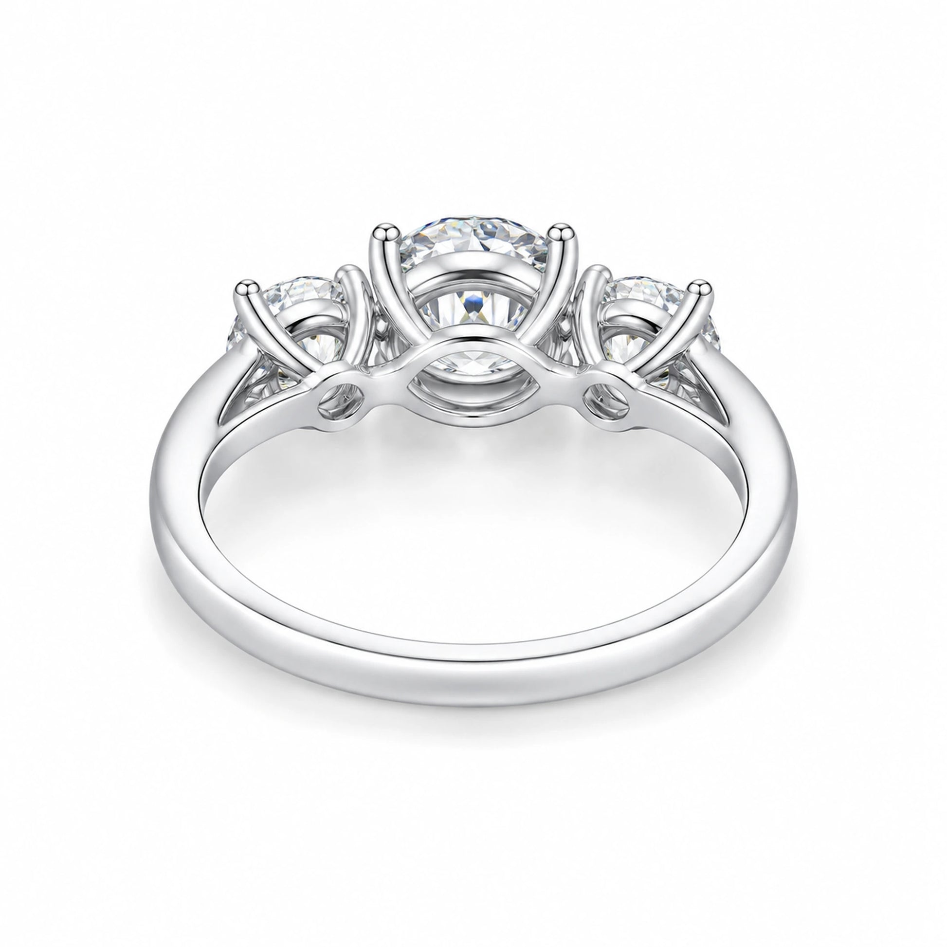 Round moissanite three-stone engagement ring gallery and setting detail