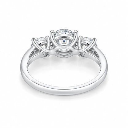 Round moissanite three-stone engagement ring gallery and setting detail