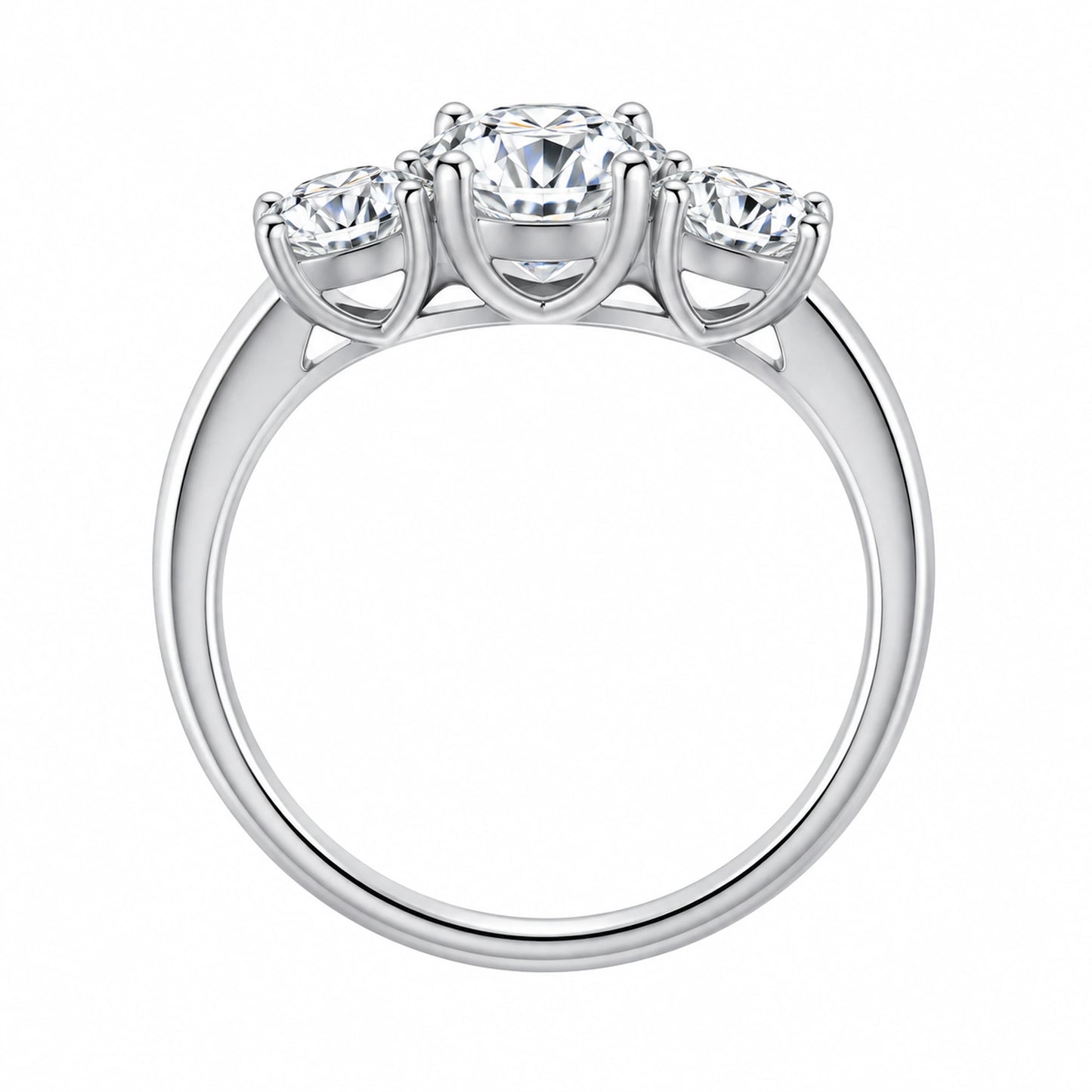 Round moissanite three-stone engagement ring side profile showing prong setting