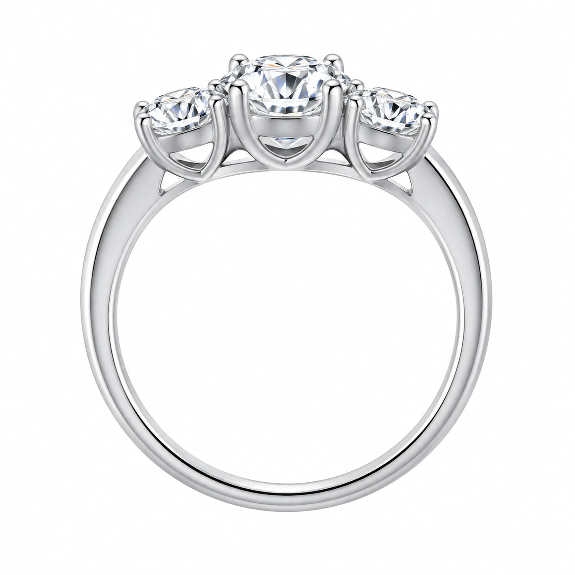 Round moissanite three-stone engagement ring side profile showing prong setting
